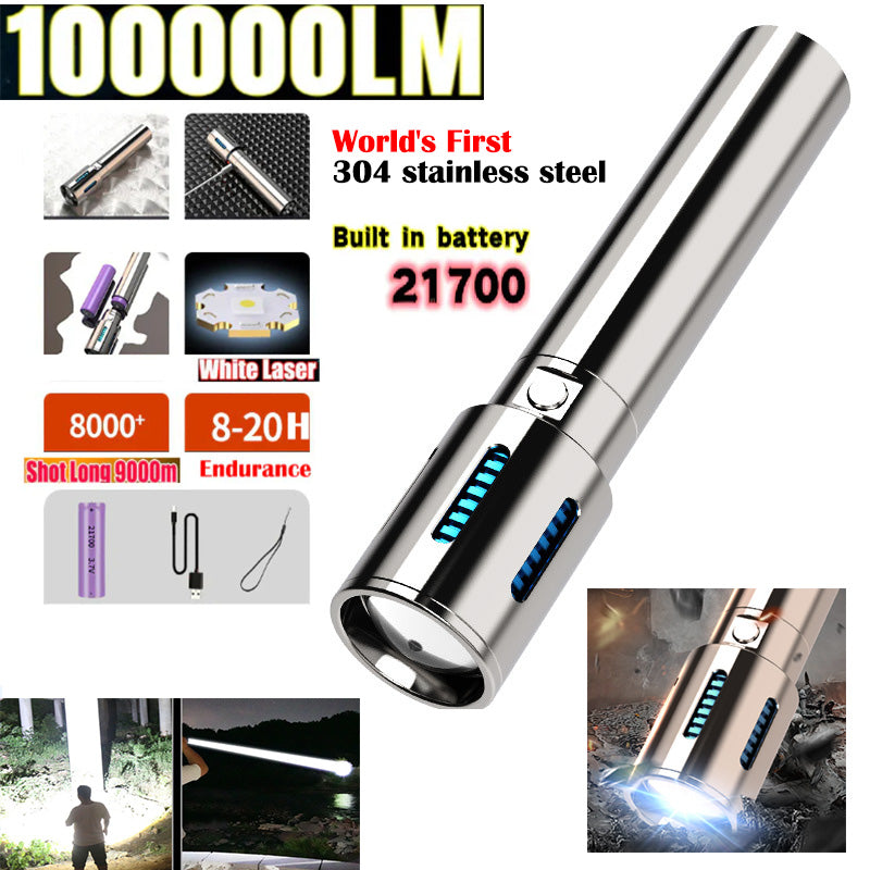 World's First High-grade Stainless Steel 100000Lumens White Laser Tactical Flashlight With 2Pcs 21700 Tesla Li-ion Battery 40 Hours High Endurance 20 Years of Use