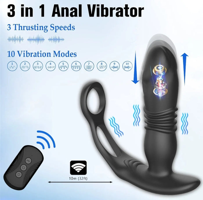 Anal Vibrator  Vibrating Retractable Anal Plug with Penis Delay Ring