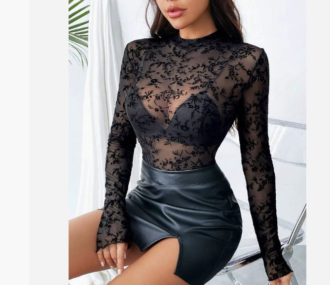 Spring Black T-shirt Top For Women Sexy Transparent Mesh Flocking Flowers Slim Long Sleeve Bottoming Shirt Tees
