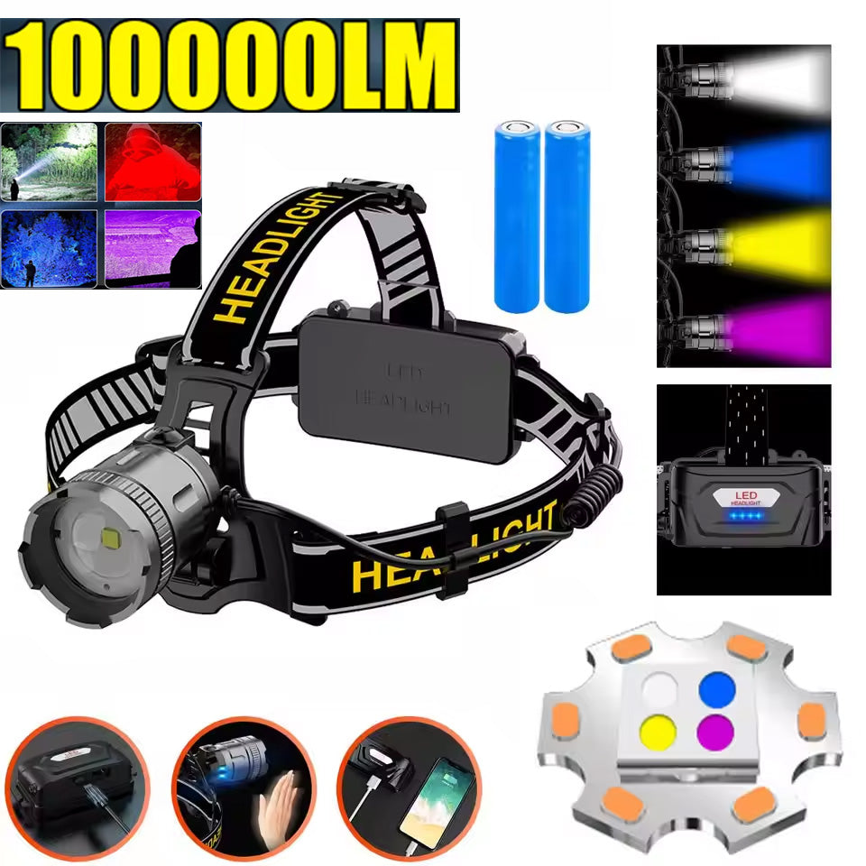 Newest 100000LM 4 Light Colar White laser Wick Sensor Headlight with 2Pcs/4Pcs 18650 Battery Induction white Yellow Bule Purple and Red Light UV Zoom Headlamp