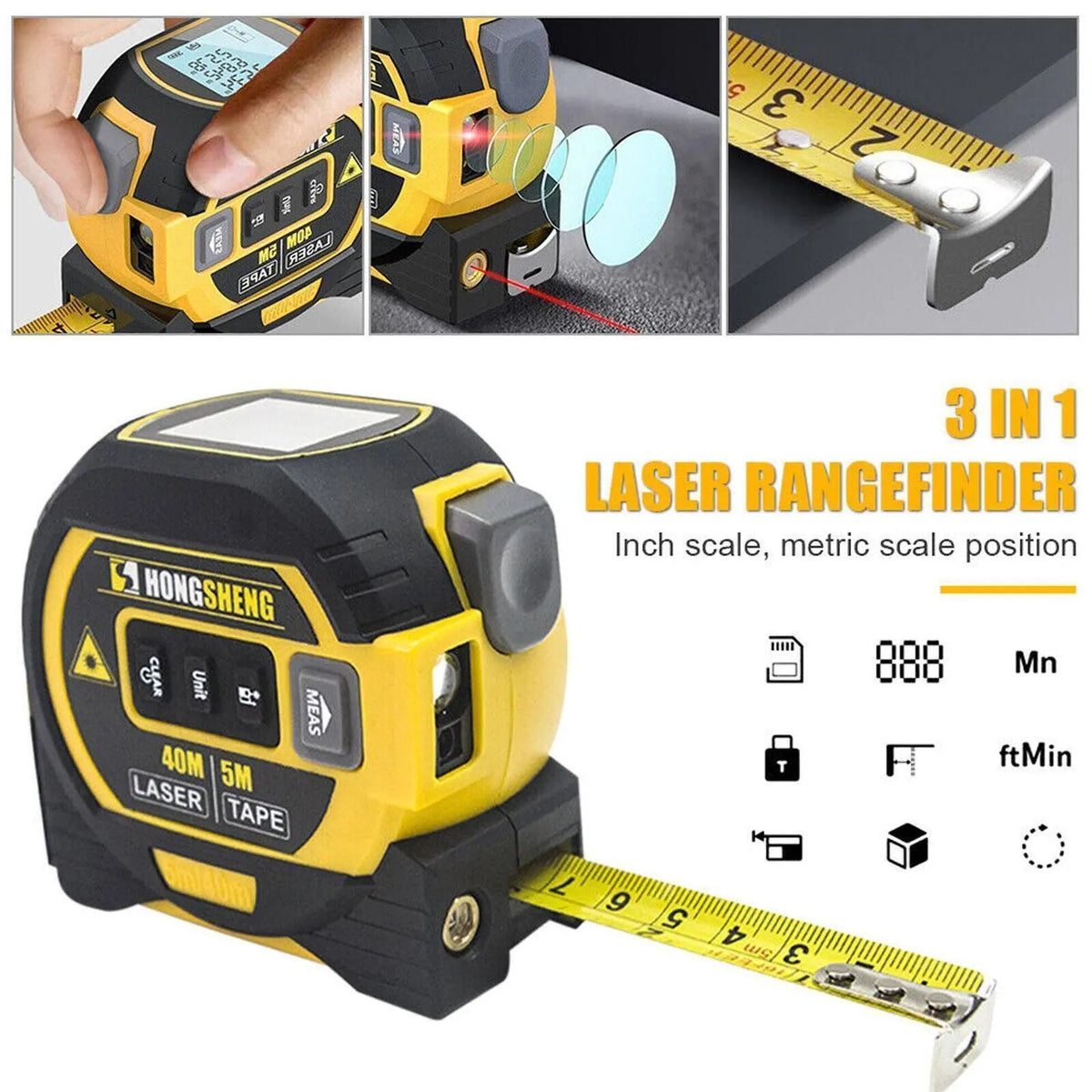 3 in 1 Laser Rangefinder 5m Tape Measure Ruler LCD Display with Backli ...