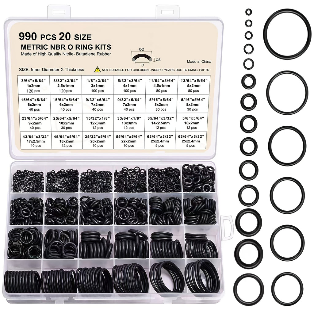 990Pcs 20 Size O Ring Car Sealing Washer Plumbing Rubber Gasket Black O-Ring Kit Waterproof Oil-resistant Auto Accessorie O-ring