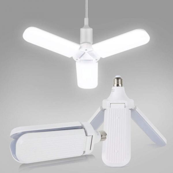 36W 110V-265V 6500K Cold White Super Bright E27 Foldable LED Garage Light Three-Leaf Fan Blade LED Light Bulb for Home Garage Workshop Basement Porch Backyard Garden
