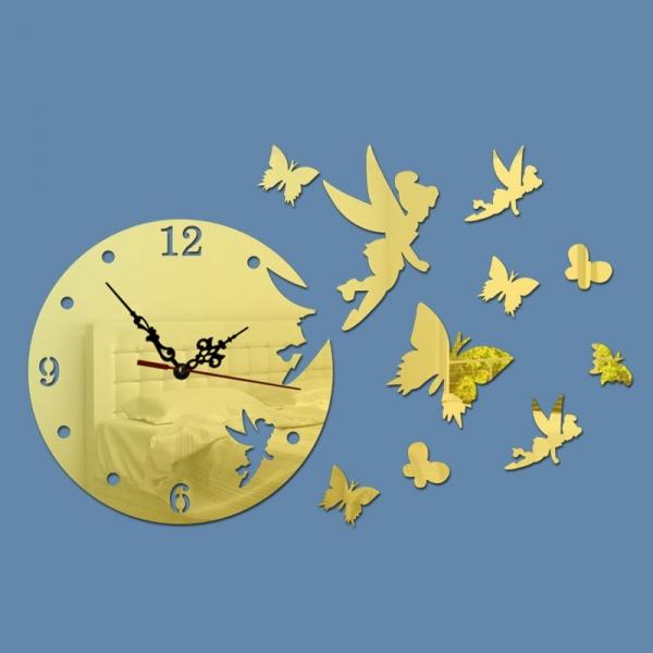 3D DIY Angel Butterfly Pattern Acrylic Mirror Wall Clock Sticker Home Decoration Golden