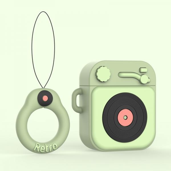3D Phonograph Cartoon Pattern Gramophone AirPods Case Protective Silicone Case Funny Cute Kawaii Shockproof Cover Compatible with Apple Airpods 1/2 - Dark Green
