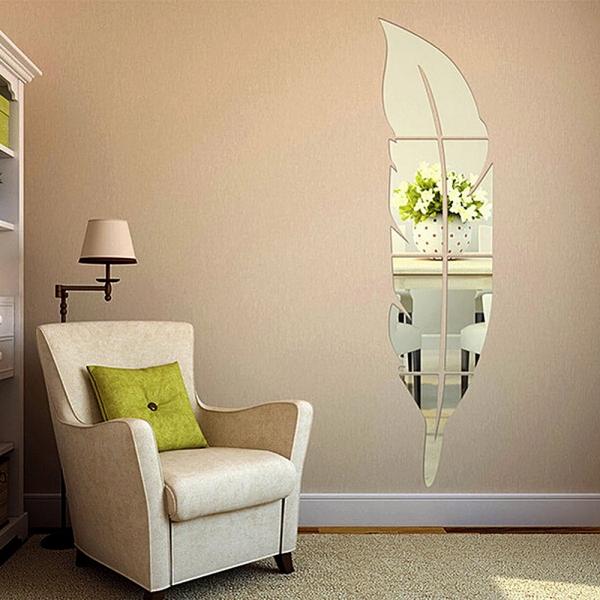 Feather Style Fitting Room Mirror Sticker 3D Acrylic Solid Mirror Sticker Hallway Washroom Decoration Silver