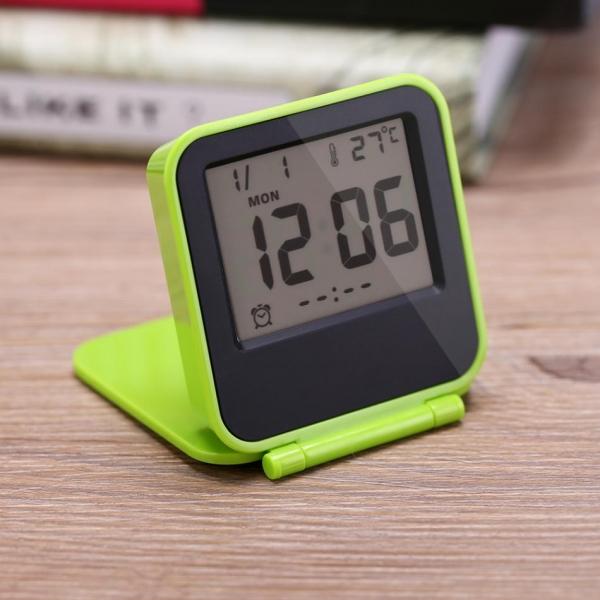 Portable Folding Mini Pocket Temperature Clock Foldable LCD Digital Travel Desk Alarm Clock Snooze  Thermometer - Green