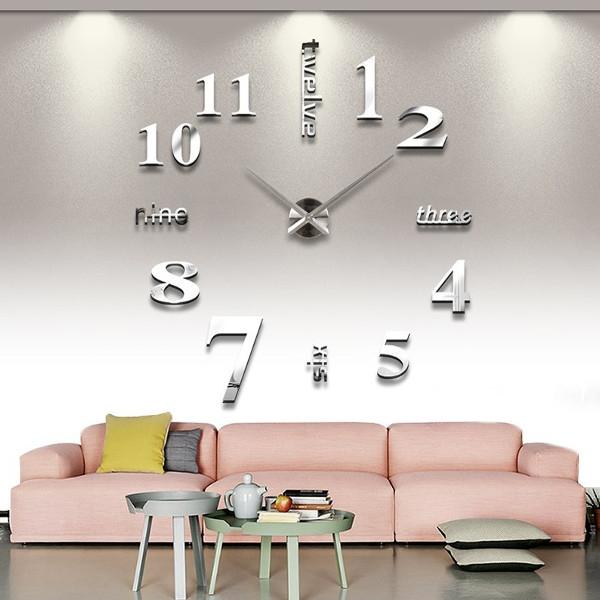 Home Decor Extra Large Mirror Face Quiet Quartz Movement DIY 3D Wall Clock Silver