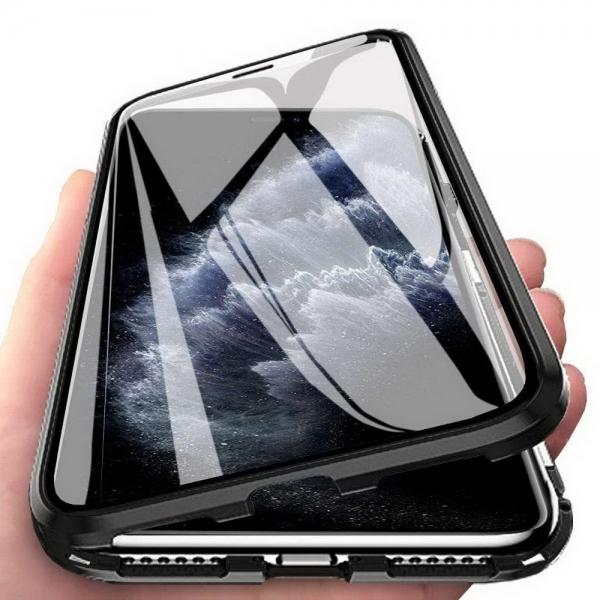 Metal Magnetic Case Double Side Phone Case Tempered Glass Magnet Case For iphone XR Transparent Black