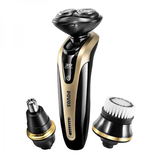 POVOS PW926 3-in-1 3D Floating Replaceable Head Fully Washable USB Charging Electric Shaver Razor + Facial Brush + Nose Hair Trimmer (100-240V) Golden