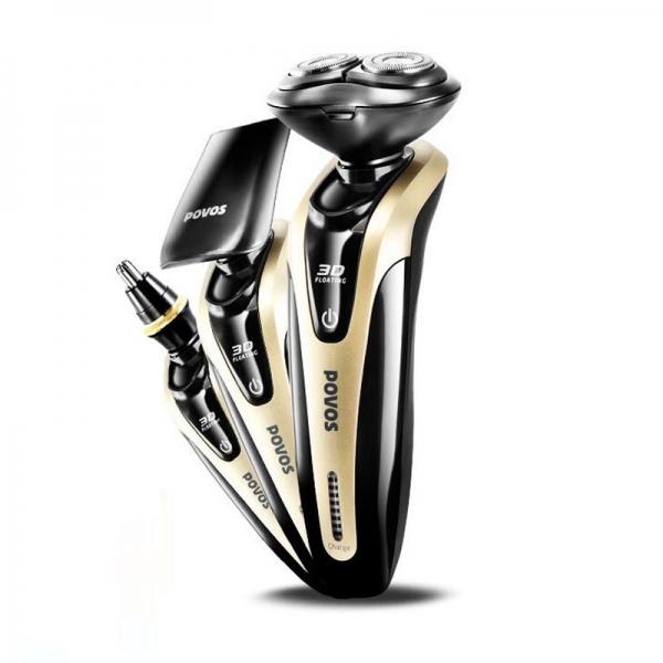 POVOS PW926 3-in-1 3D Floating Replaceable Head Fully Washable USB Charging Electric Shaver Razor + Hair Temple Cutter + Nose Hair Trimmer (100-240V) Golden