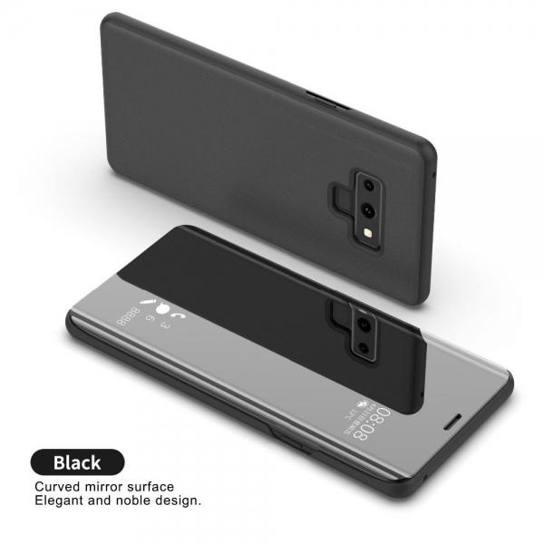 Smart Sleep Window View Bracket Protective Case For Samsung Galaxy Note 9 Plating Mirror Magnetic Flip - Black