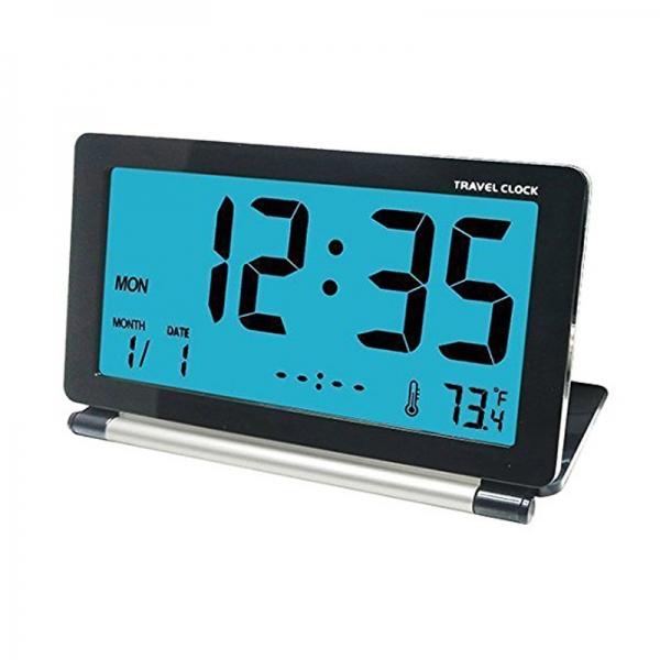 Travel Alarm Clock LCD Mini Digital Desk Folding Electronic Alarm With Backlight - Black